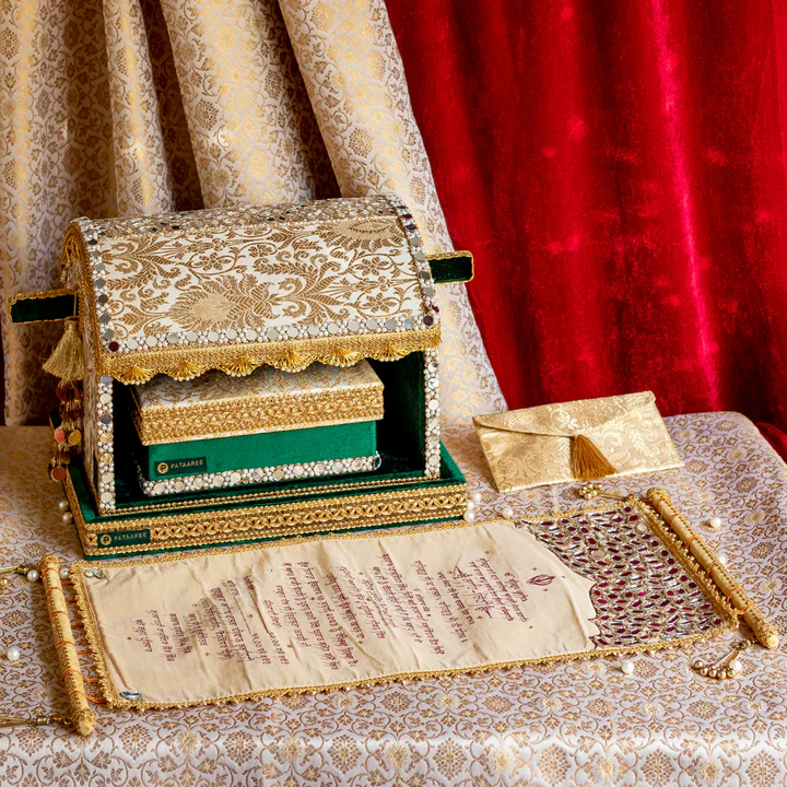 Timeless Ivory and Green Palki Sahe Chithi Set with Screen Printed Fabric Scroll view 3